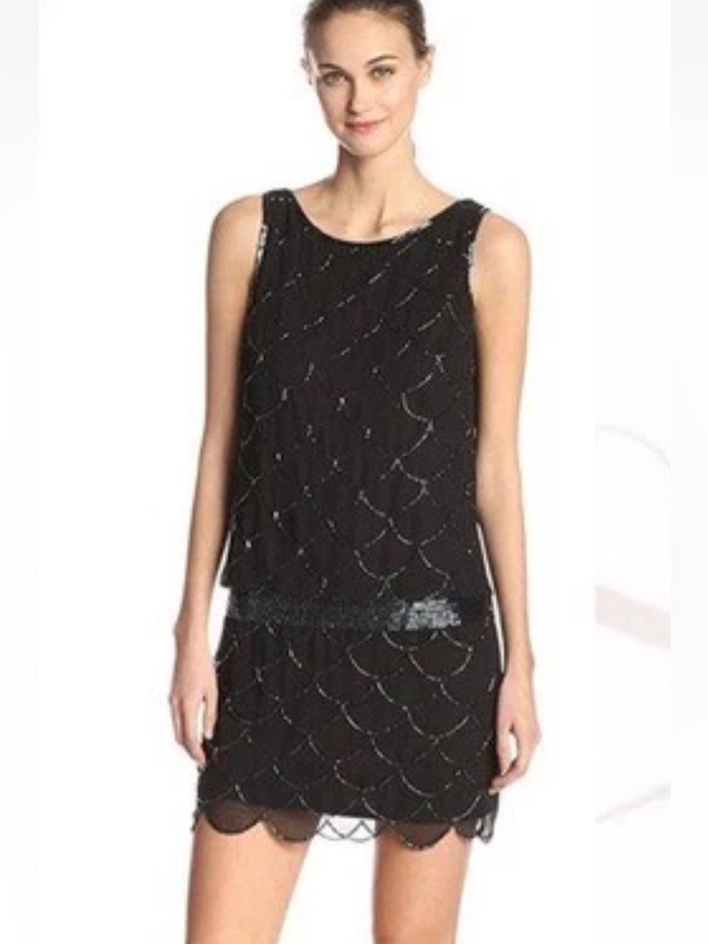 Adriana Papell Black Beaded Drop Waist Flapper Dress Scallop Hem Cocktail 10